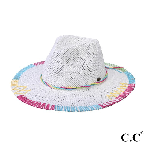 C.C MultiColor Decorative Stitch Panama Hat Featuring Handmade Paper Stitches White
