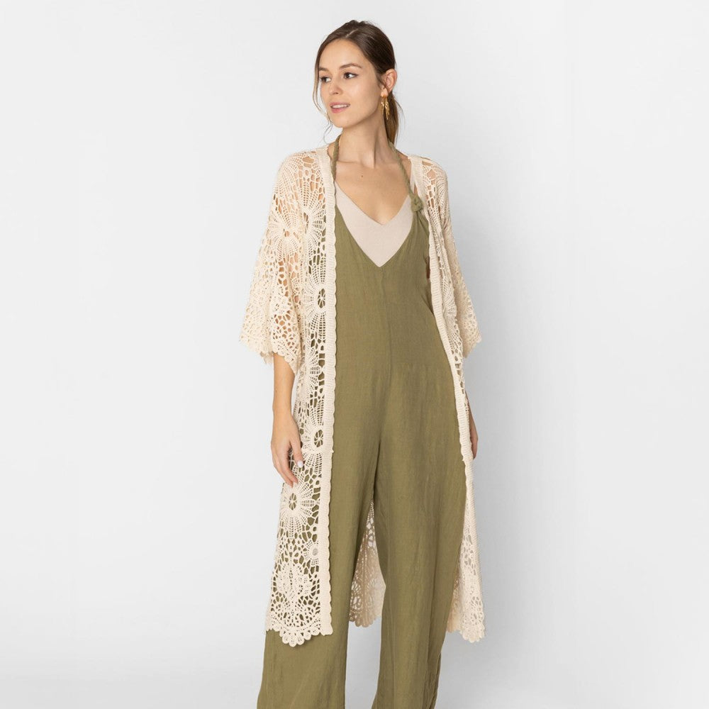 Open Knit Crochet Kimono With Scalloped Edges Ivory