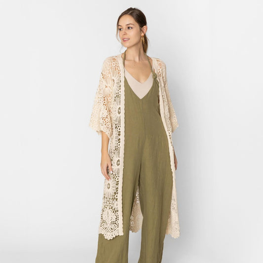 Open Knit Crochet Kimono With Scalloped Edges Ivory