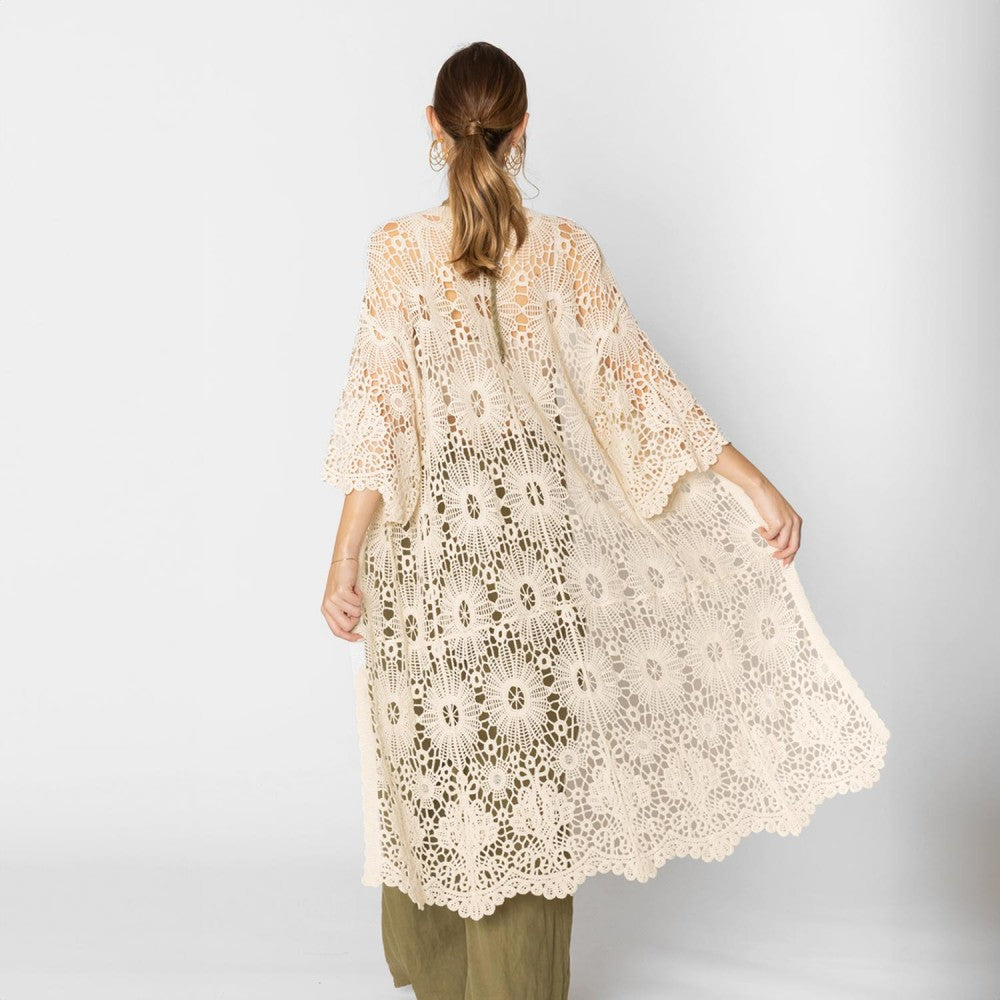 Open Knit Crochet Kimono With Scalloped Edges Ivory