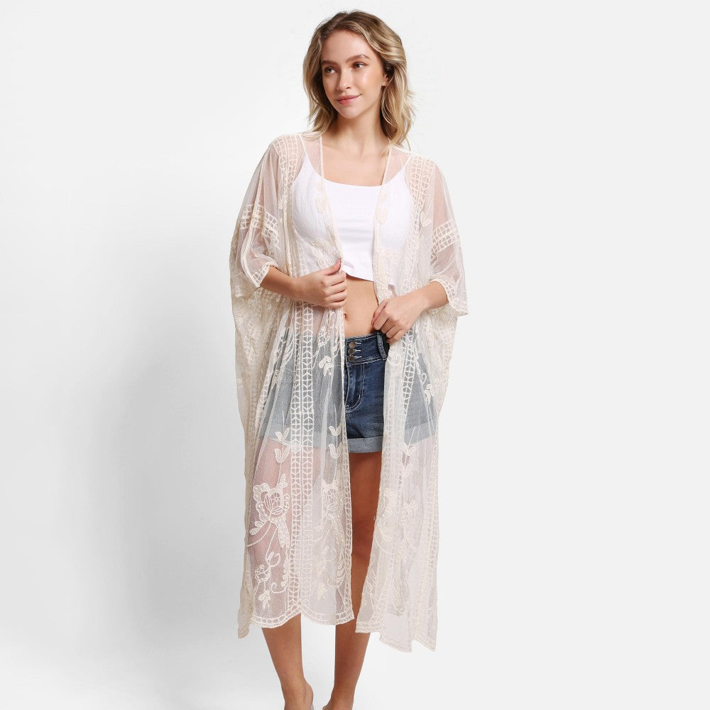 Long Lace Embroidered Kimono With Front Tie - Cream