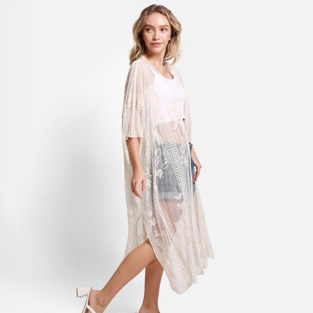 Long Lace Embroidered Kimono With Front Tie - Cream