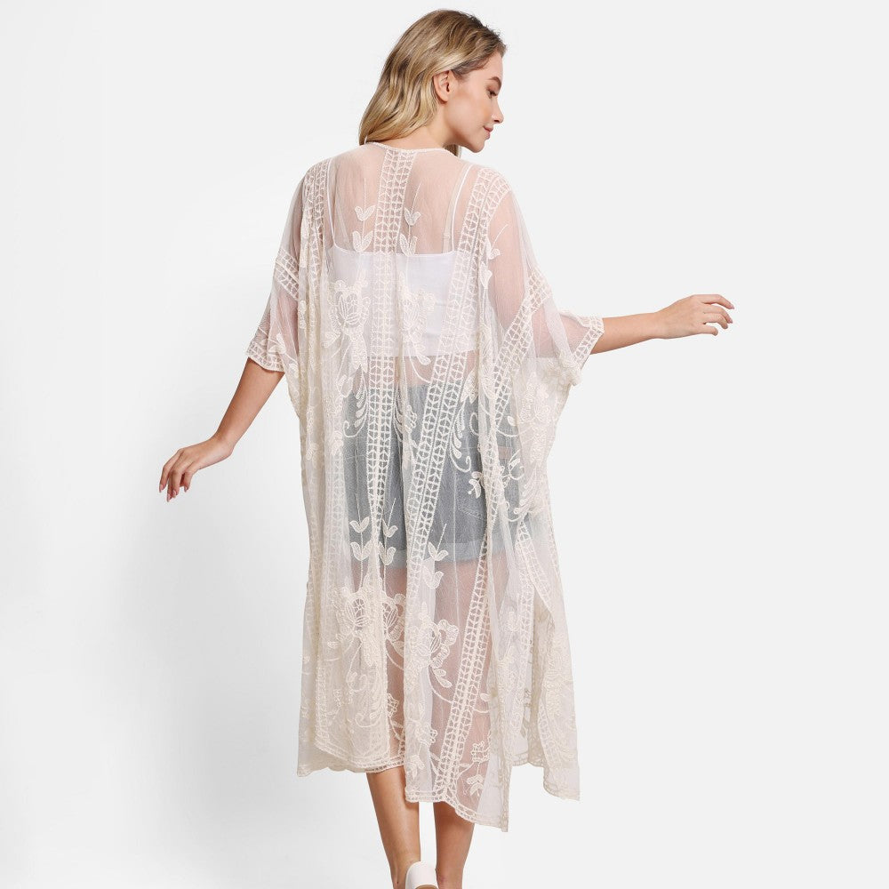 Long Lace Embroidered Kimono With Front Tie - Cream