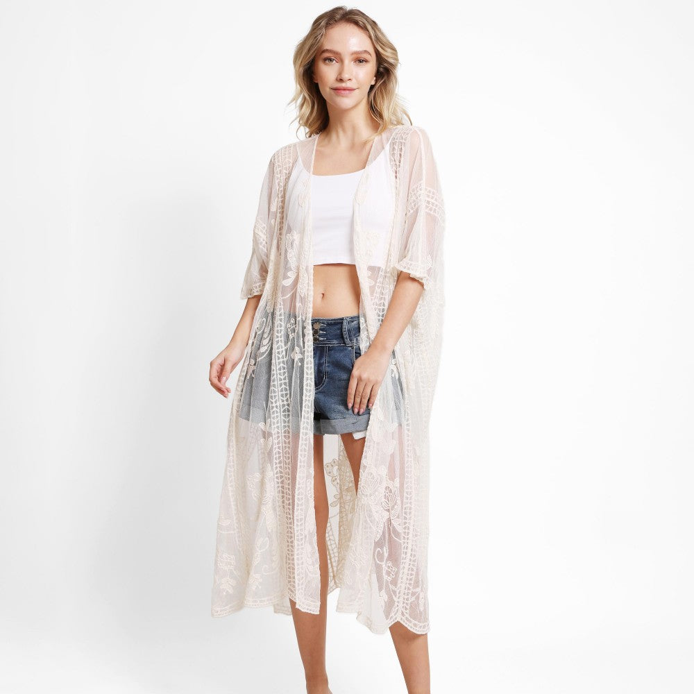Long Lace Embroidered Kimono With Front Tie - Cream