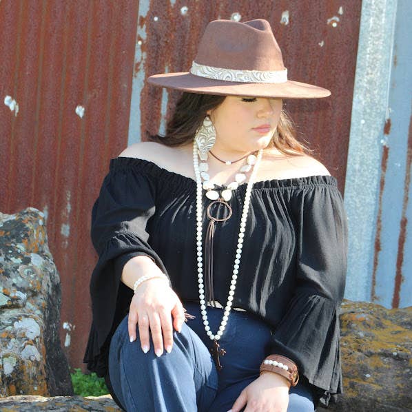 Long White Turquoise Beaded Necklace w/ Copper Cross Pendant
