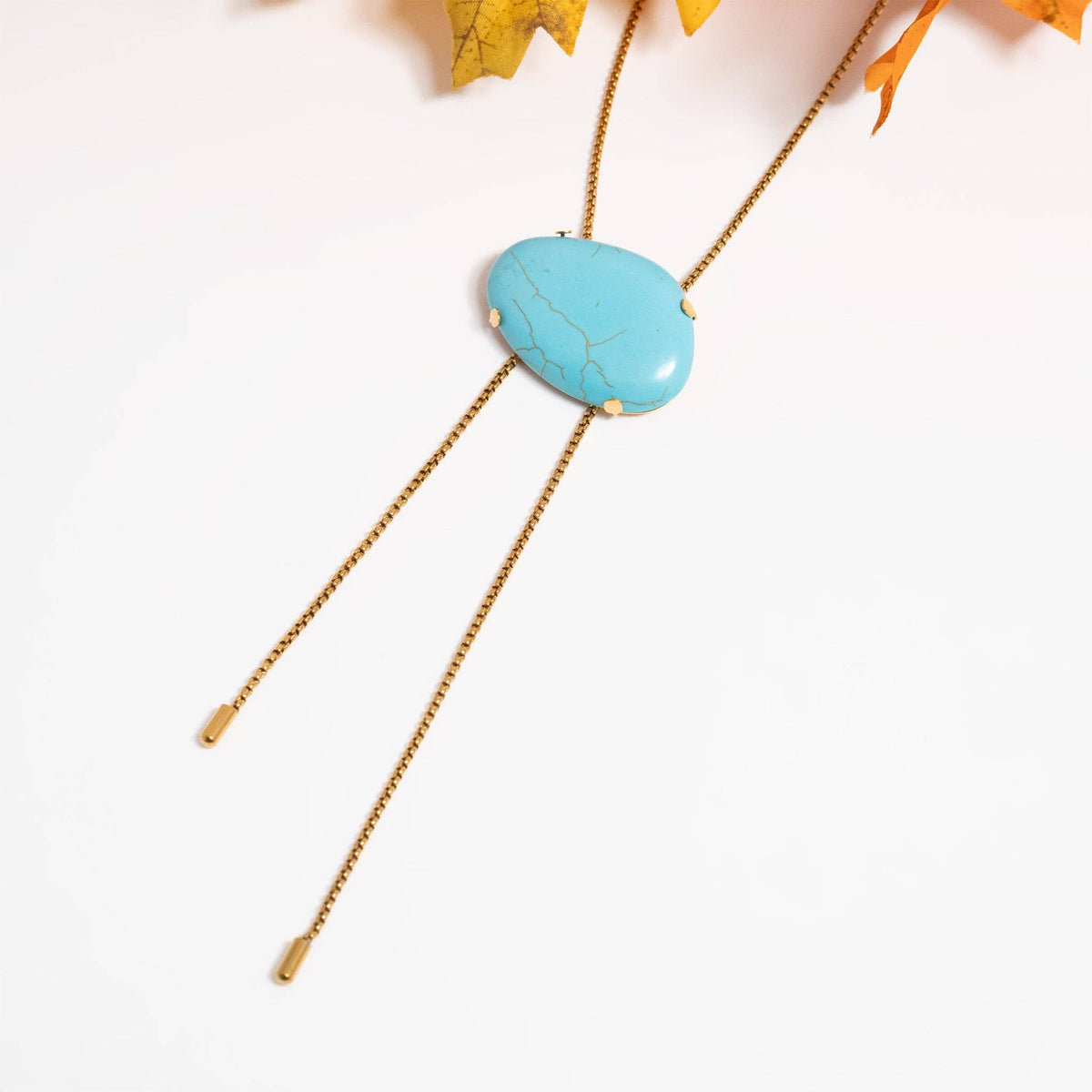 18K Gold PVD Stainless Steel Turquoise Charm Bolo Necklace: Stainless WJW