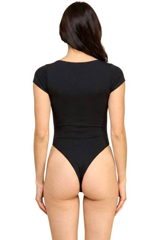 Square Neck Short Sleeve Bodysuit – Fitted Stretch Top: Black MIO WHOLESALE