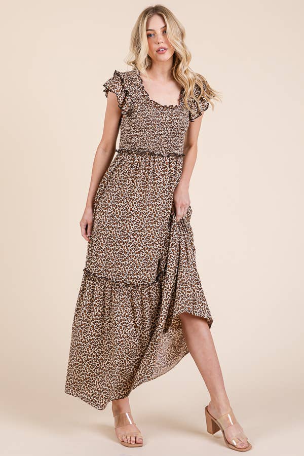 Leopard Ruffle Sleeve Tiered Maxi Dress