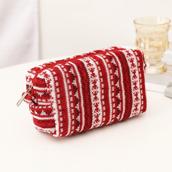 Red Nordic Print Knit Make Up Pouch Red