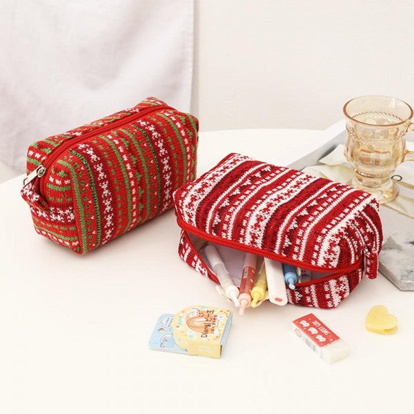 Red Nordic Print Knit Make Up Pouch Red