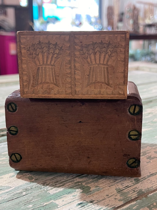 Antique Dual Wheat Bushell Butter Mold with Scraper