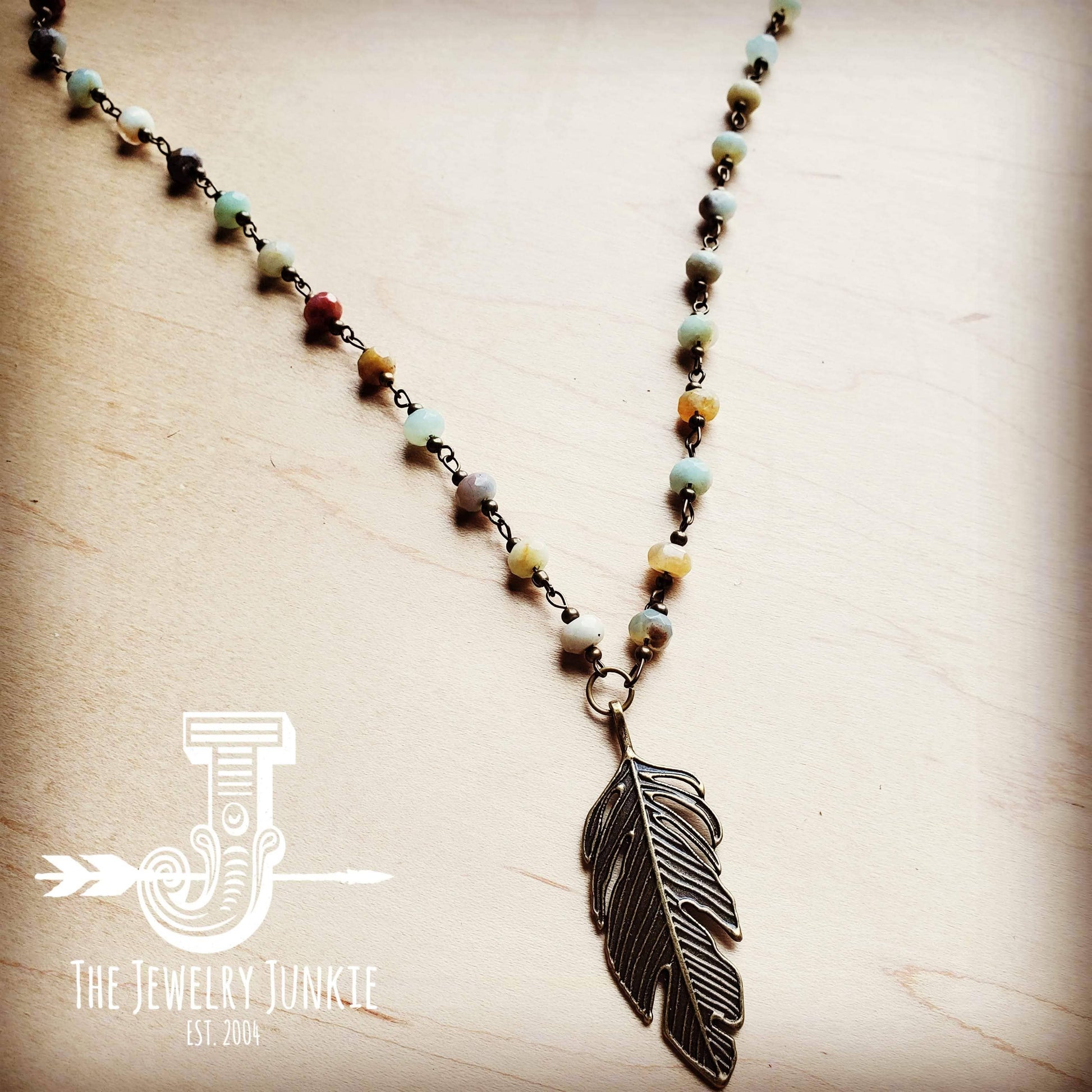 Amazonite Beaded Necklace w/ Antique Gold Feather