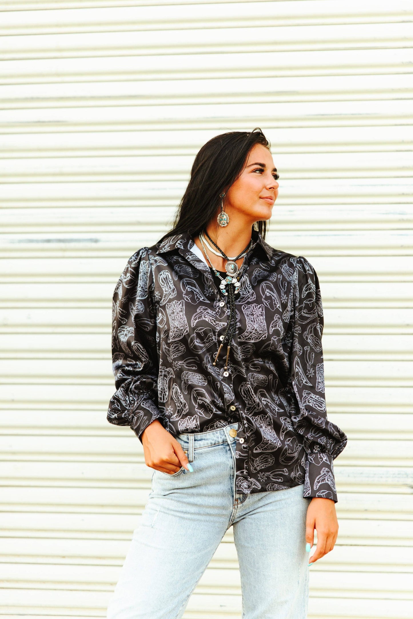 Satin Black Western Blouse
