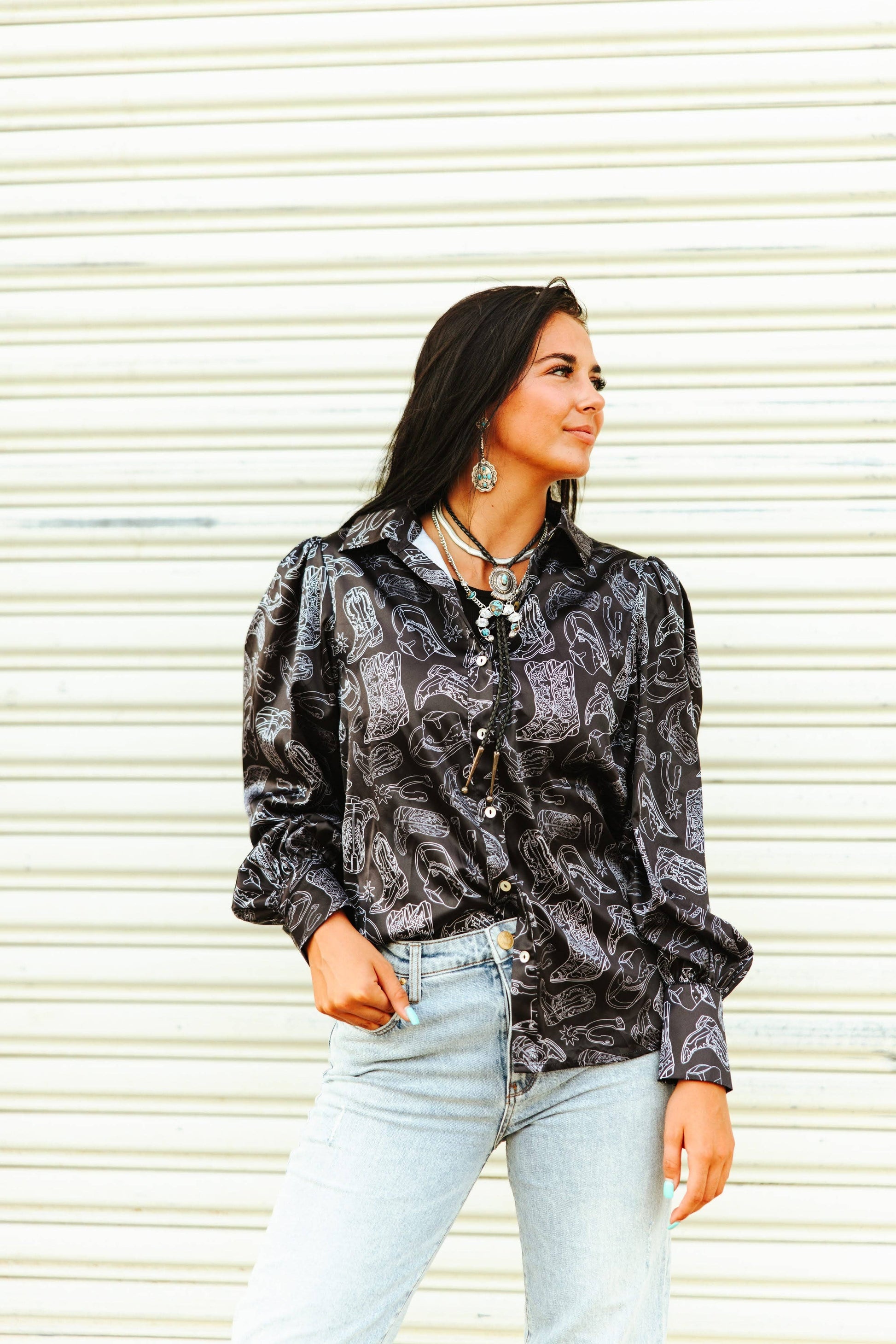 Satin Black Western Blouse