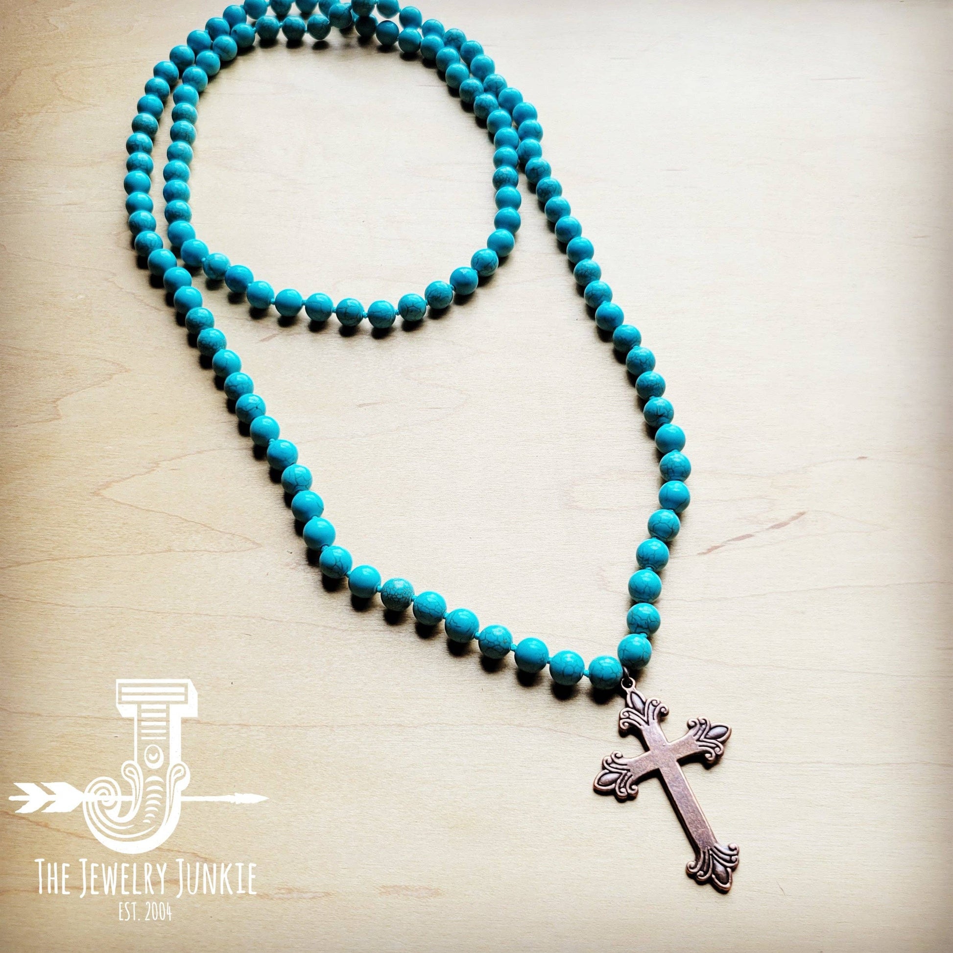 Long Turquoise Beaded Necklace w/ Copper Cross