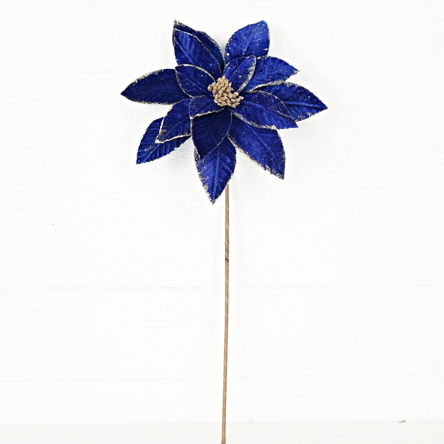 26Lx11D Fine Velvet Poinsettia w Glitter Edges-Blue