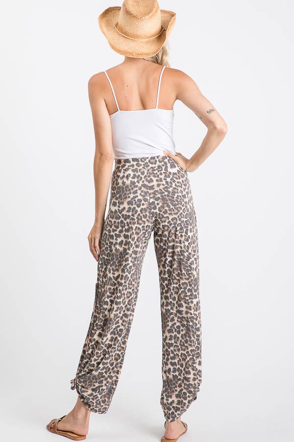 Leopard Print Lightweight Split Side Ankle Tie Pants Mocha