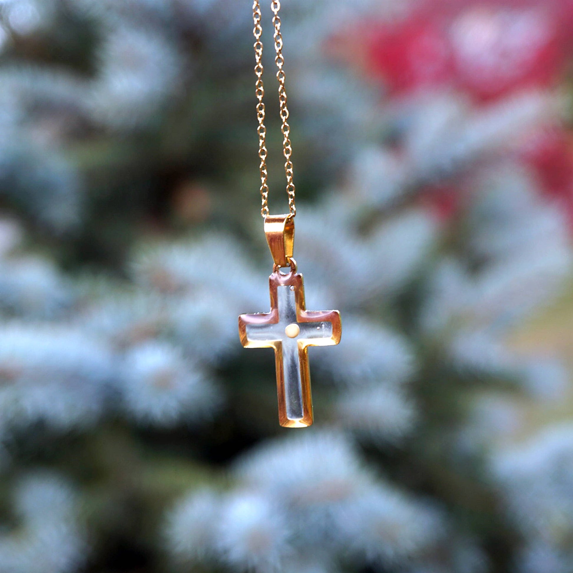 Cross Mustard Seed Necklace: Stainless Steel / 18" chain