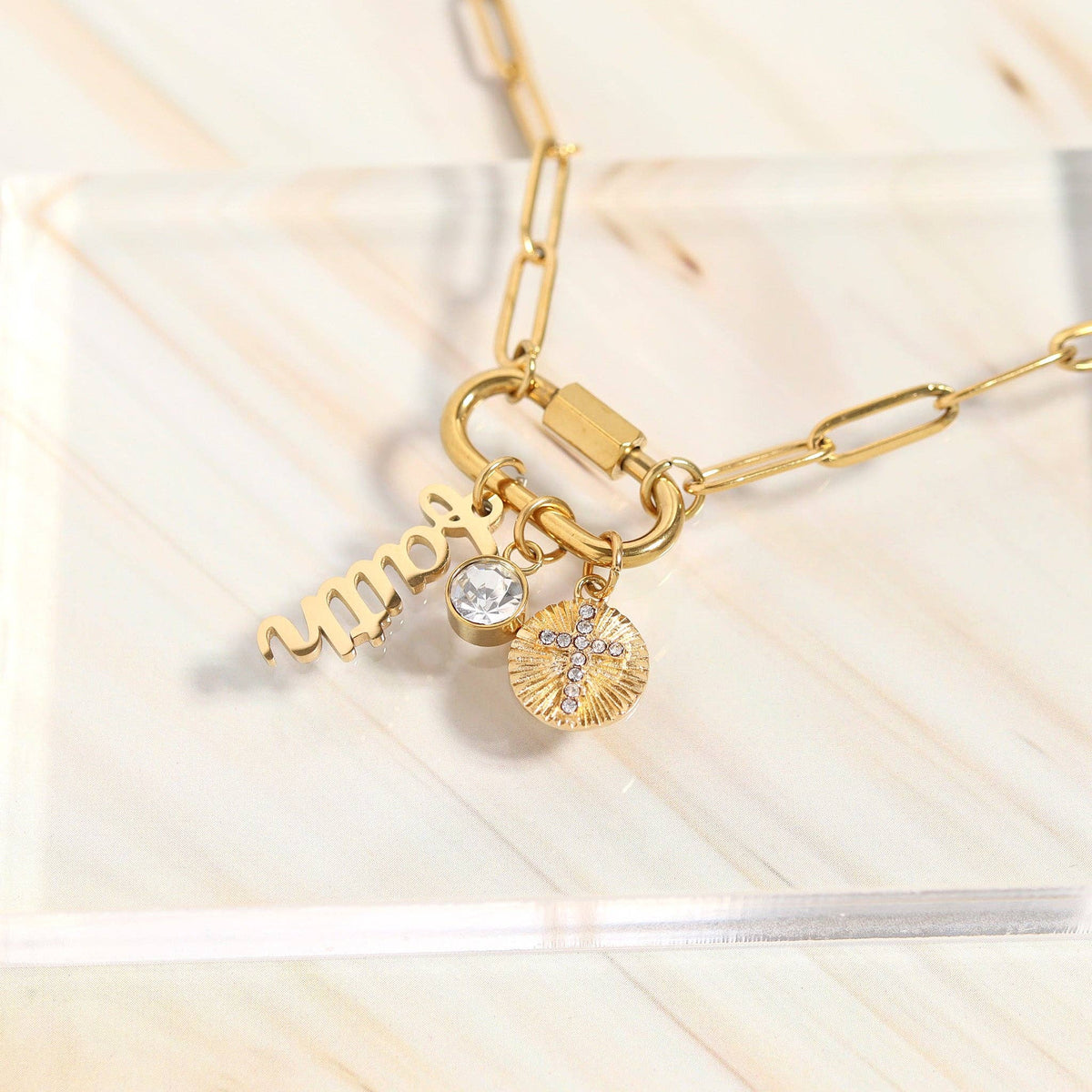 18K PVD Gold Carabiner "Faith" Paperclip Charm Necklace: Gold WJW