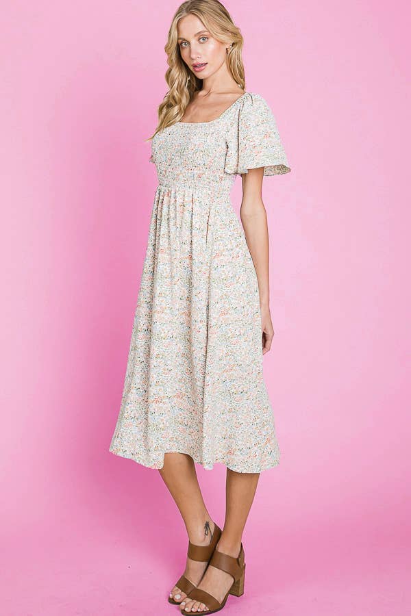 Floral Print Butterfly Sleeve Square Neck Smocked Midi Dress: CREAM