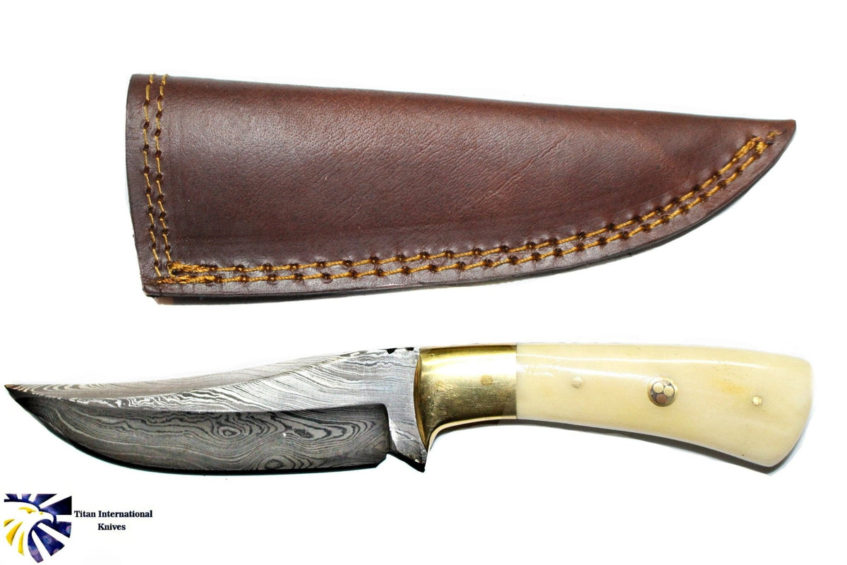 8" Perfect Hunting & Skinning Damascus Steel Fixed Blade Knife | Handmade 1095 4340 Carbon Mix Hand Pounded | Camel Bone Grip ideal for Outdoor Camping includes Sheath - The Mustard Seed Collection, The Seed
