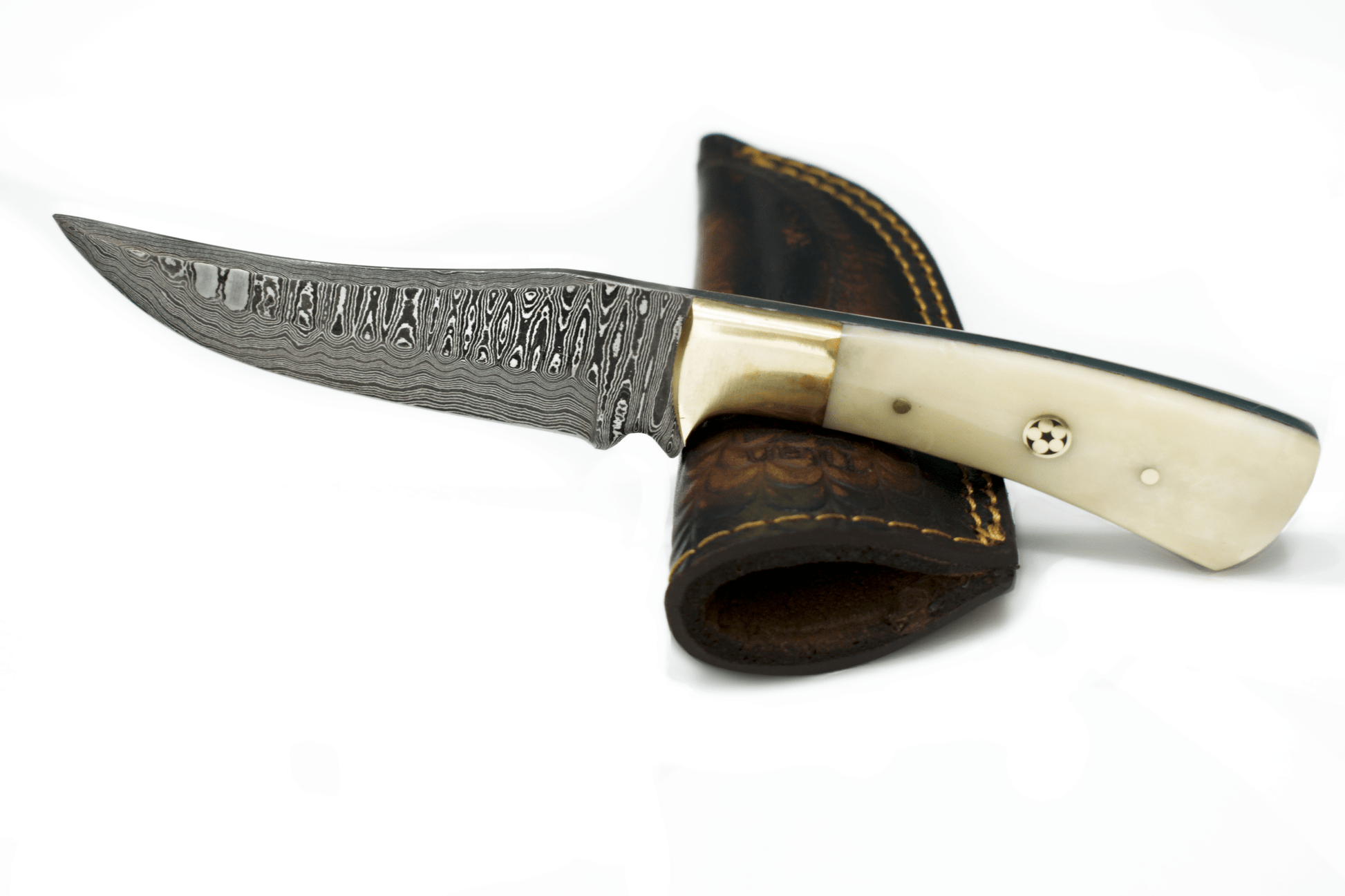 8" Handmade Damascus Steel Hunting & Skinning Knife with Camel Bone Handle, Carbon Steel Blade & Leather Sheath