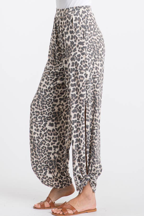 Leopard Print Lightweight Split Side Ankle Tie Pants Mocha