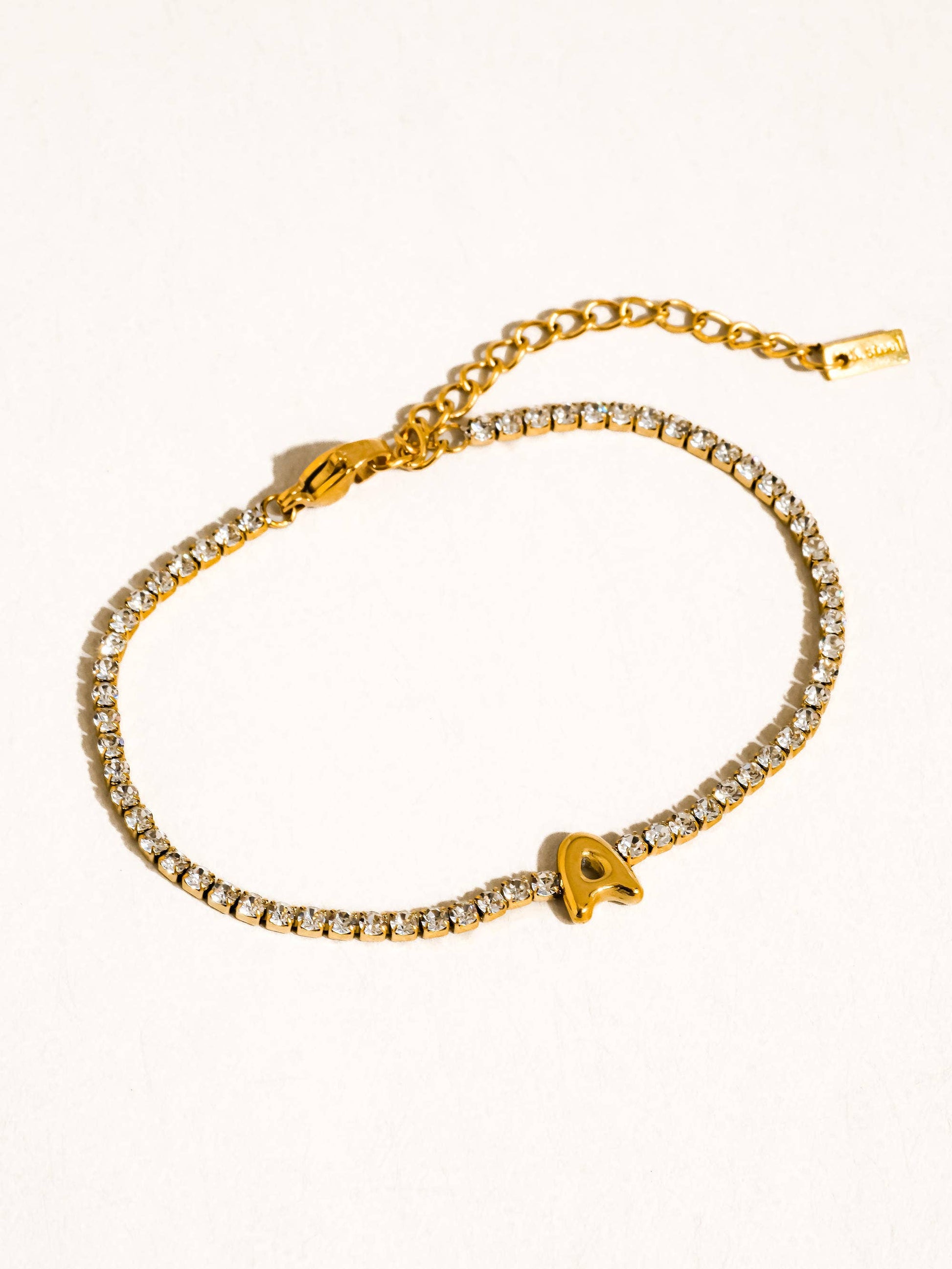 Chaplin 18K Gold Non-Tarnish Rhinestone Letter Bracelet: Yellow Gold / D