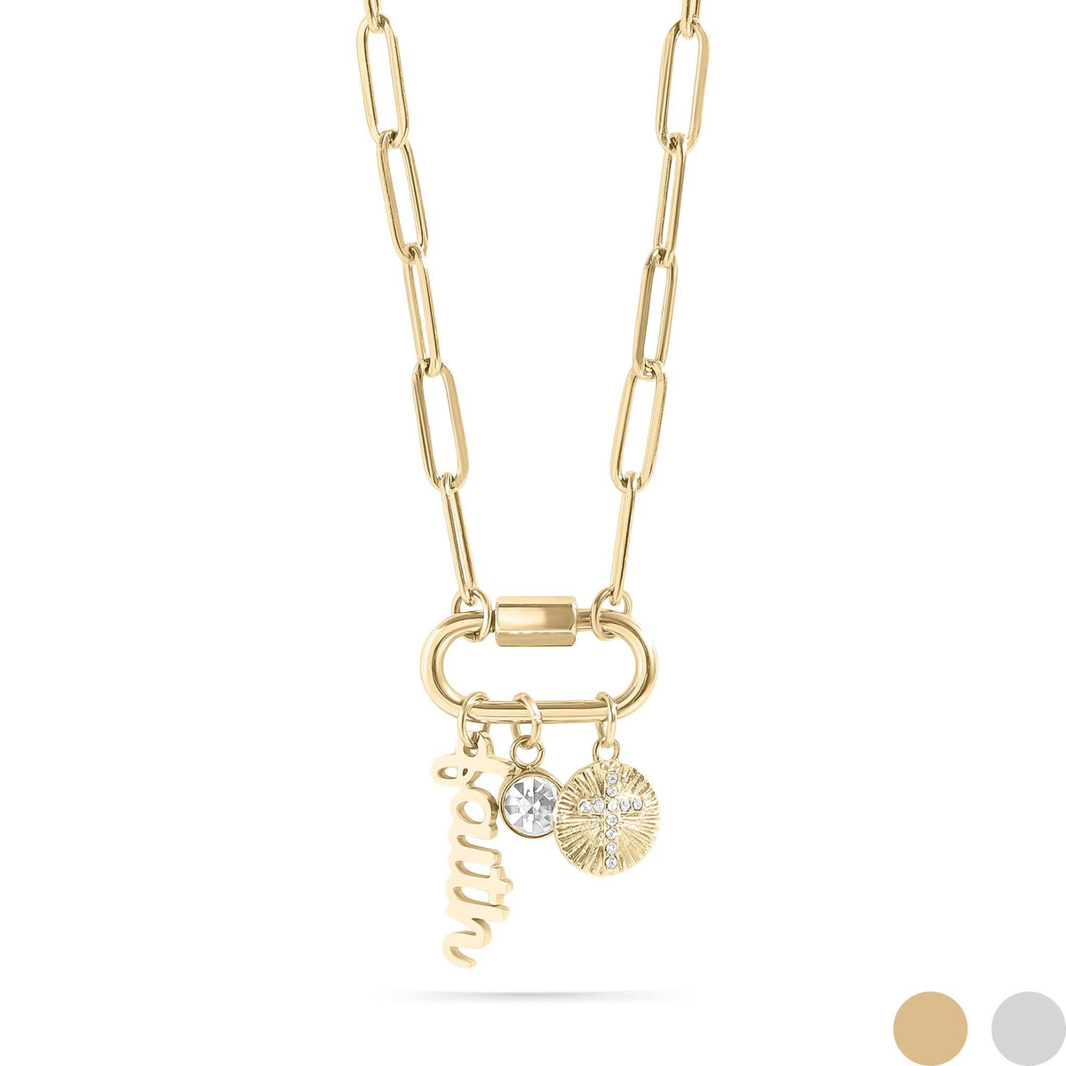 18K PVD Gold Carabiner "Faith" Paperclip Charm Necklace: Gold WJW