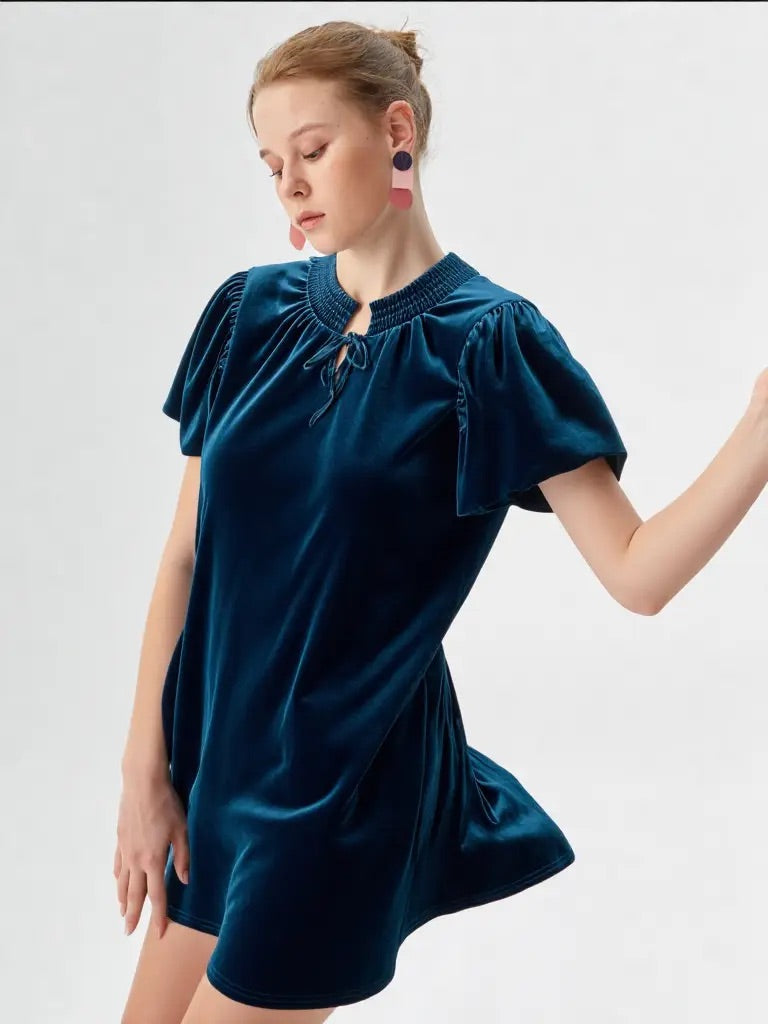 Puff Sleeve Velvet Holiday Mini Dress: Midnight
