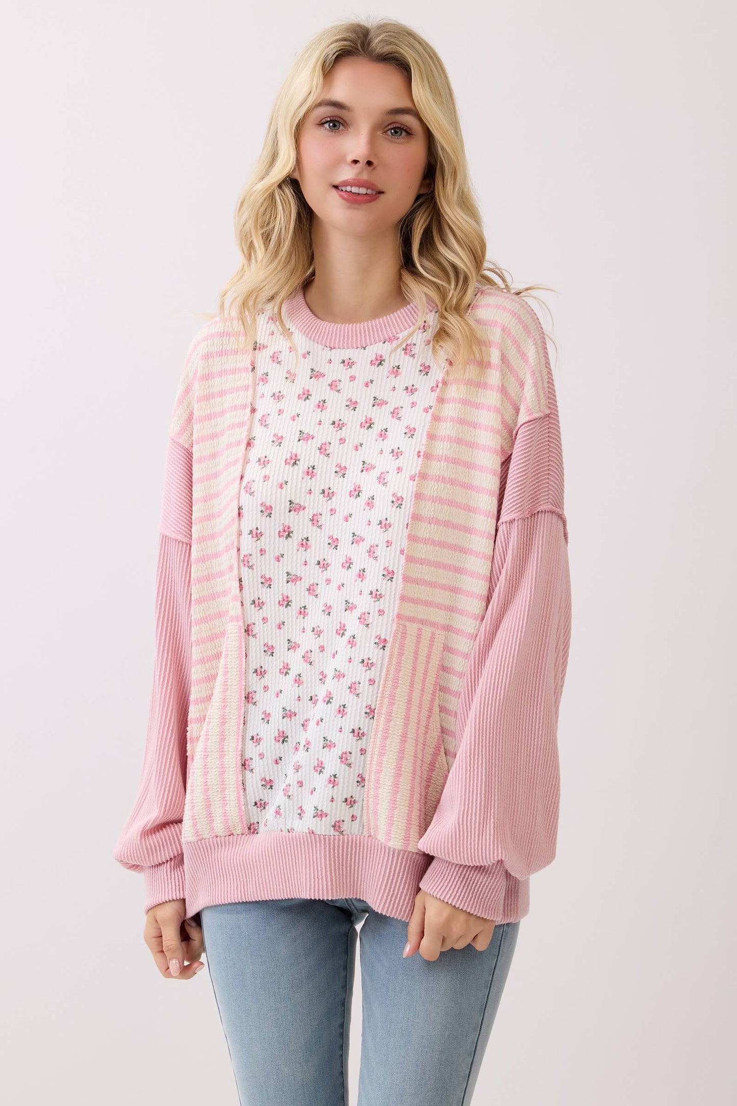 Fondant Pink Floral Rib Patchwork Pullover Top