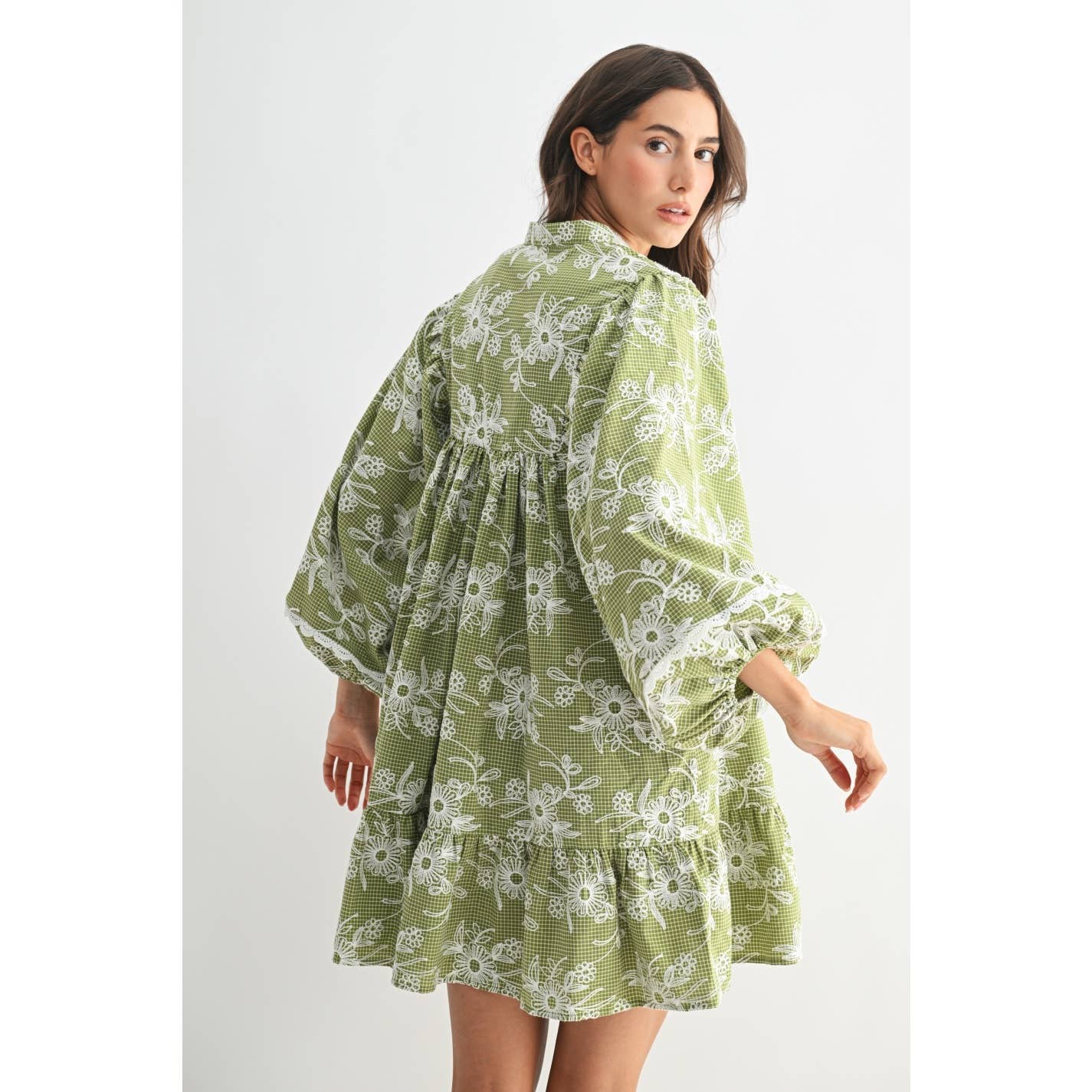 Embroidered Dress with Balloon Sleeves: Green