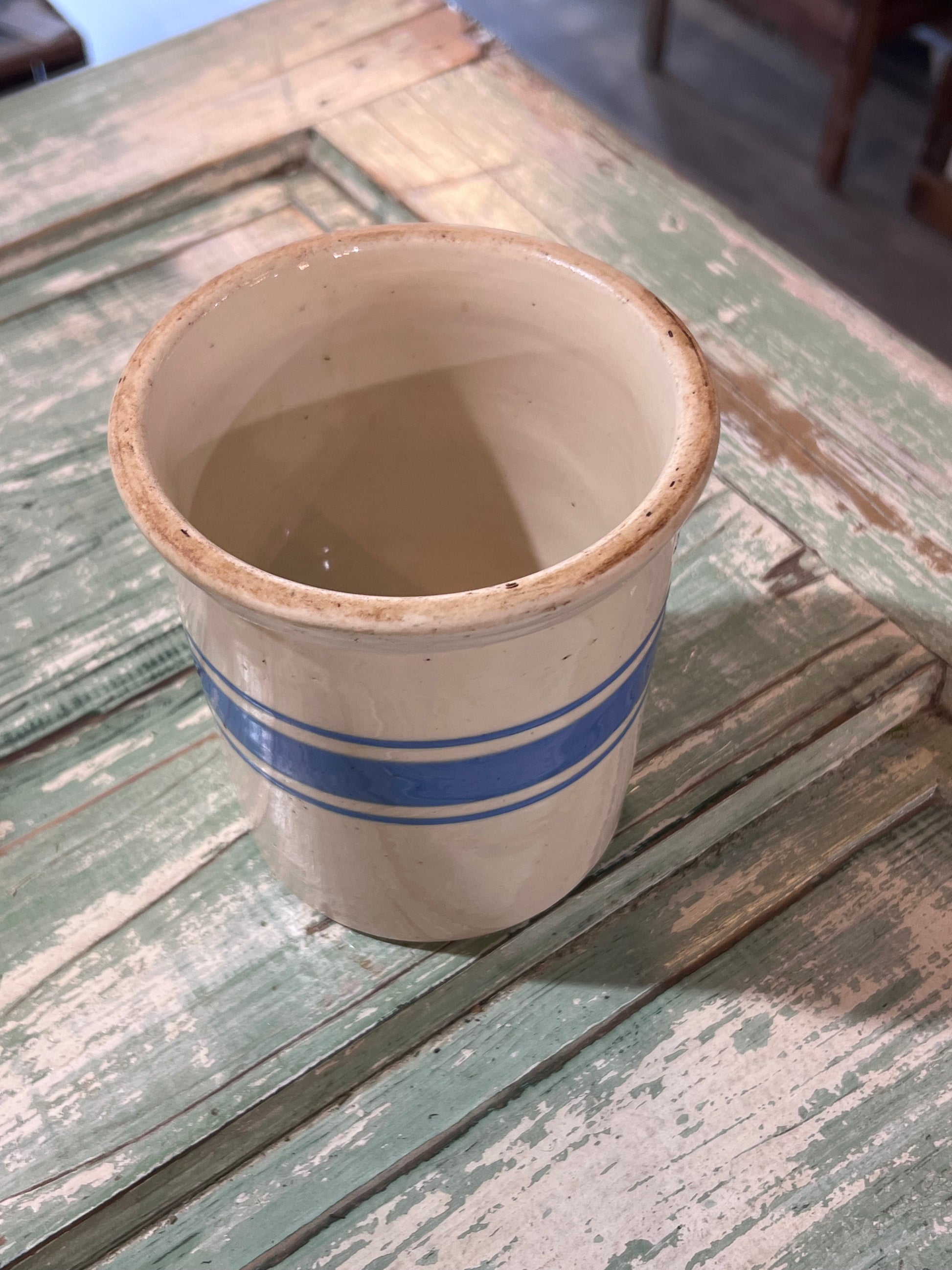 Vintage Glazed Grain Sack Light Blue Striped Butter Crock