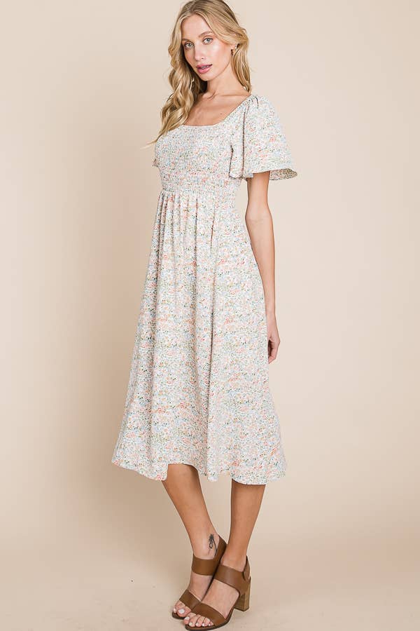 Floral Print Butterfly Sleeve Square Neck Smocked Midi Dress: CREAM