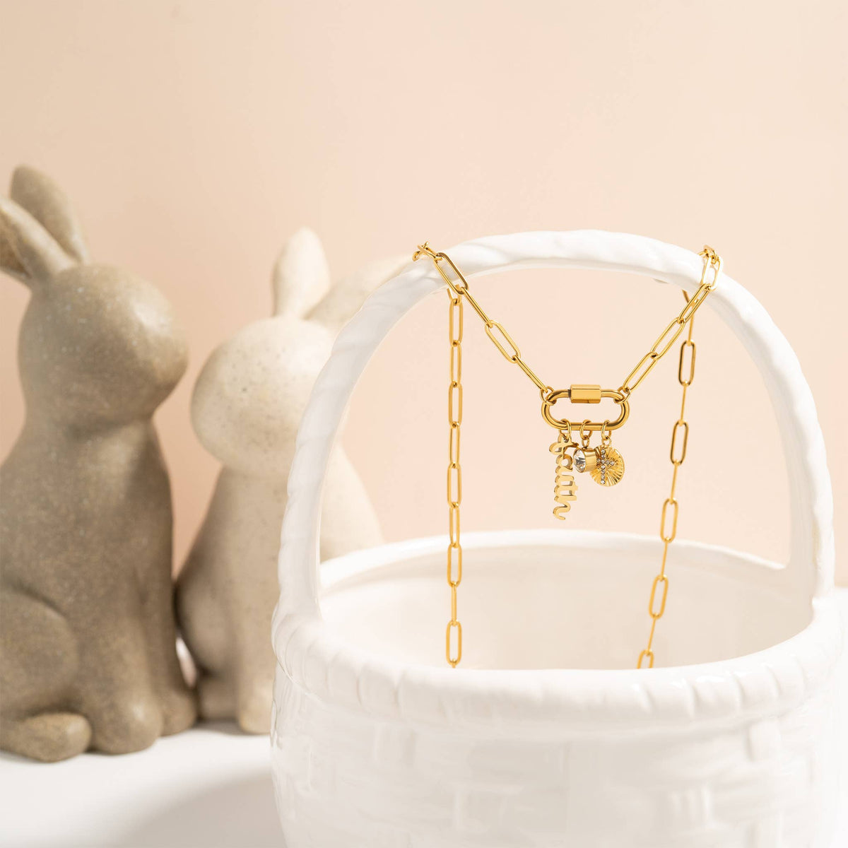 18K PVD Gold Carabiner "Faith" Paperclip Charm Necklace: Gold WJW