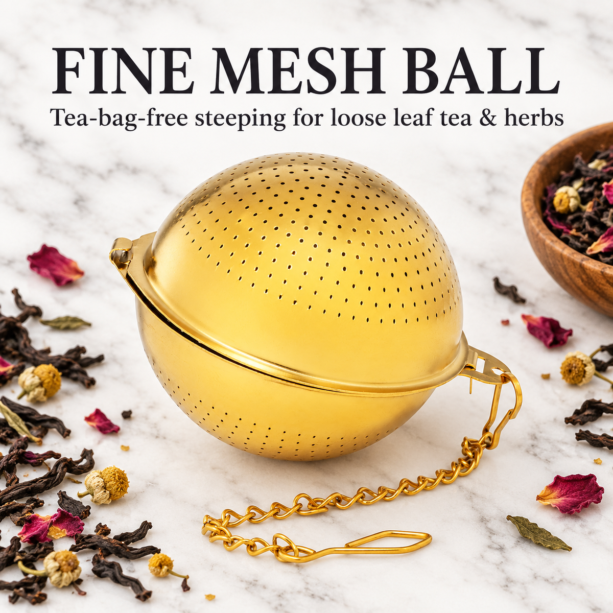 Gold Fine Mesh Tea & Herb Infuser Ball with chain Roots And Leaves