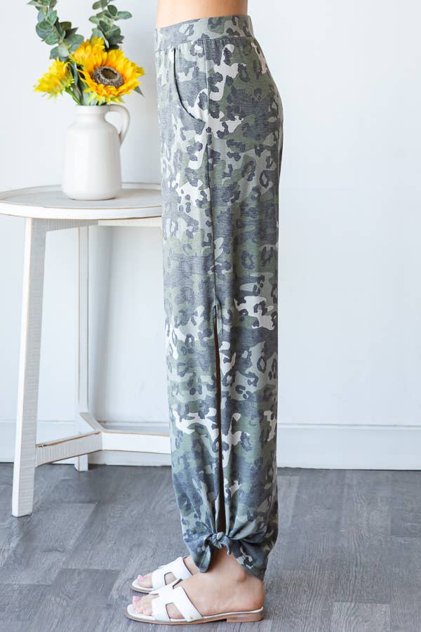 Leopard Camo Side Slit Ankle Tie Pants