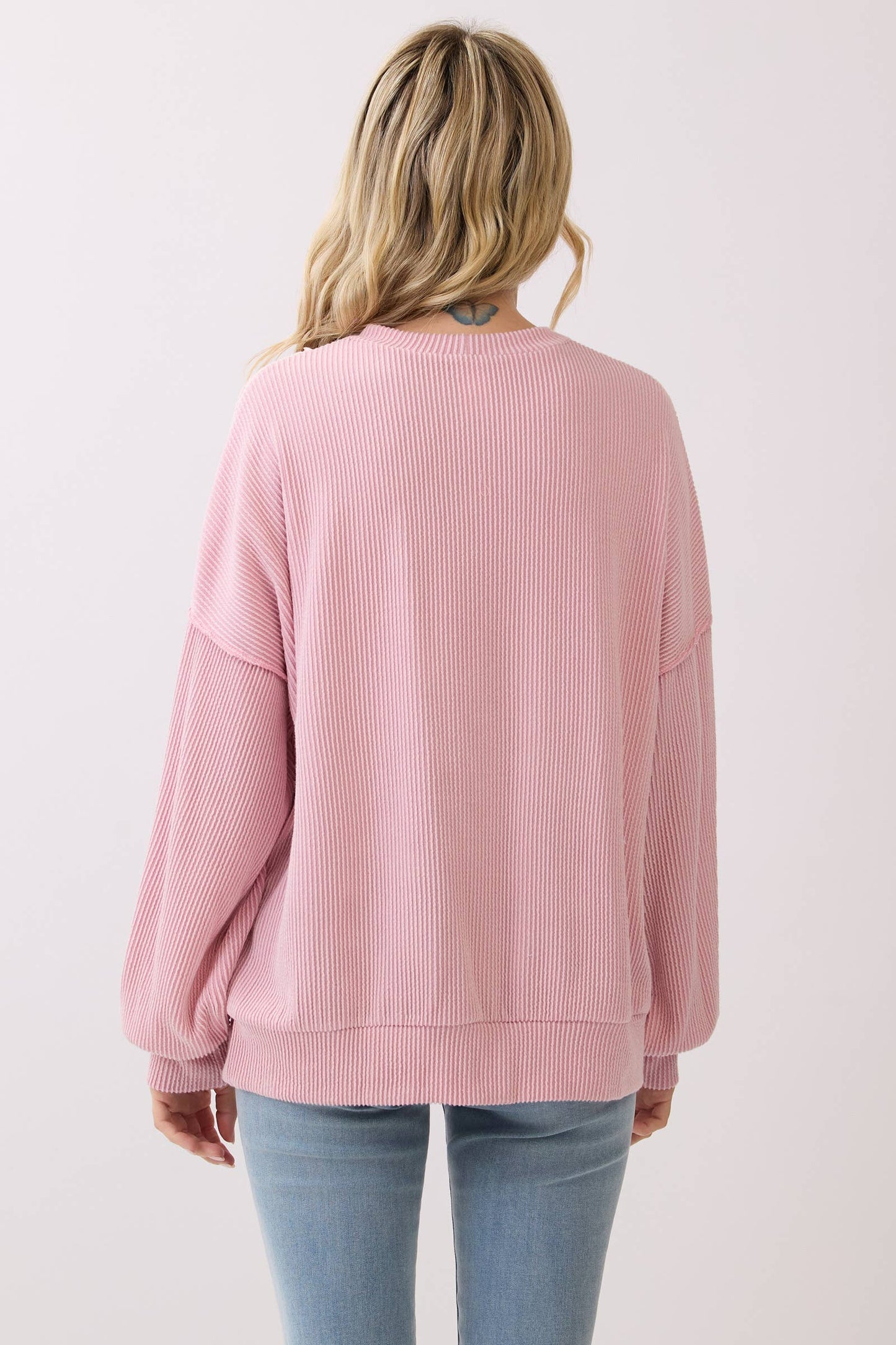 Fondant Pink Floral Rib Patchwork Pullover Top