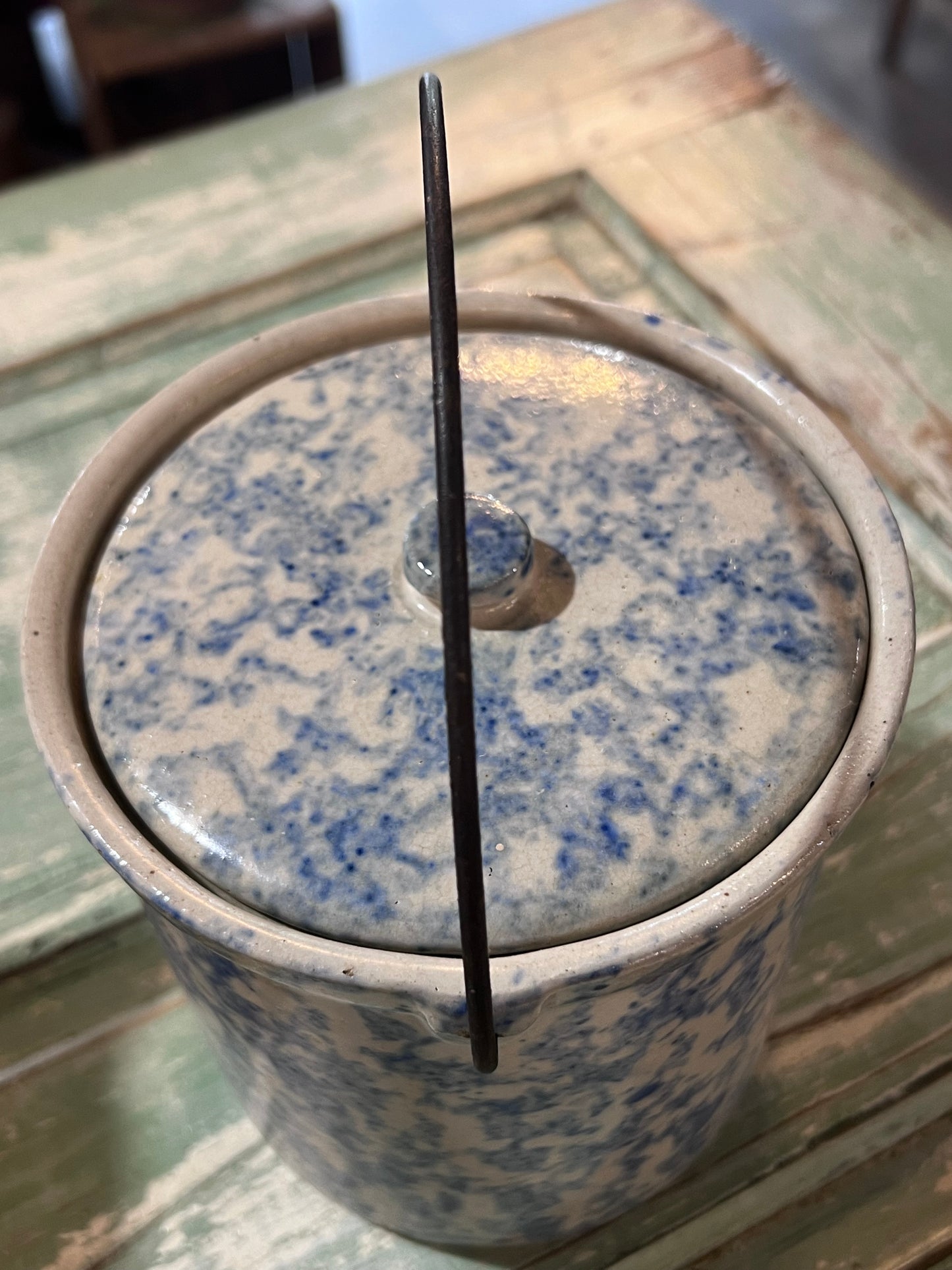 Antique Early Tall Blue White Spongeware Butter Pantry Crock w lid and handle
