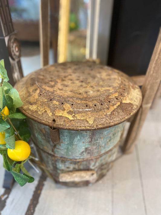 Antique Primitive Wooden Bait Bucket with Metal Lid
