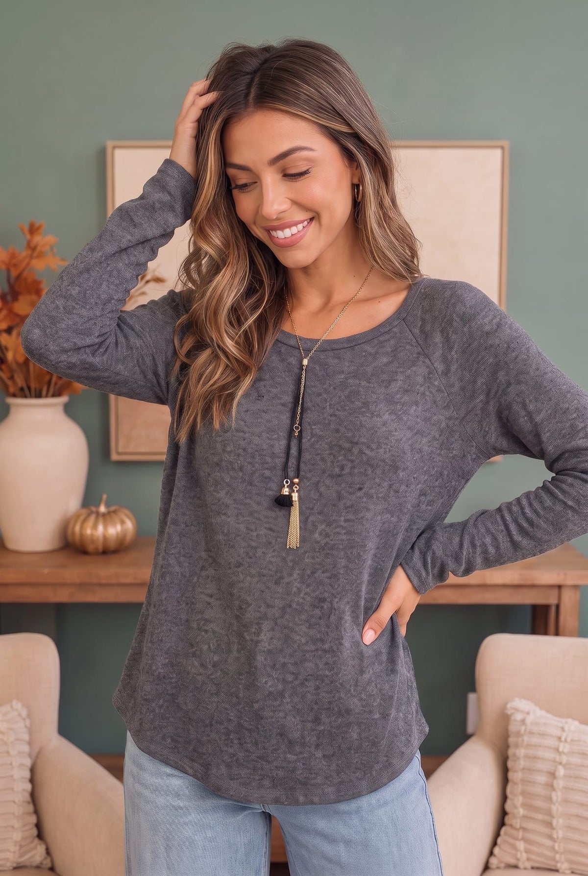 Gray Long Sleeve Scoop Neck Top with Tassel Detail Necklace bloom wholesale