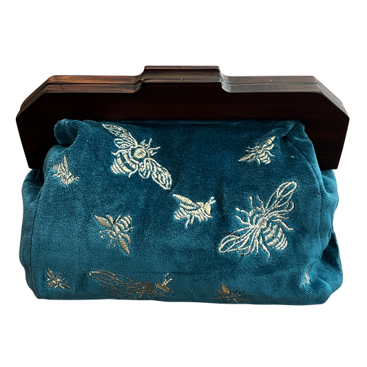 Bees on Royal Blue Pure Cotton Velvet Clutch Bag