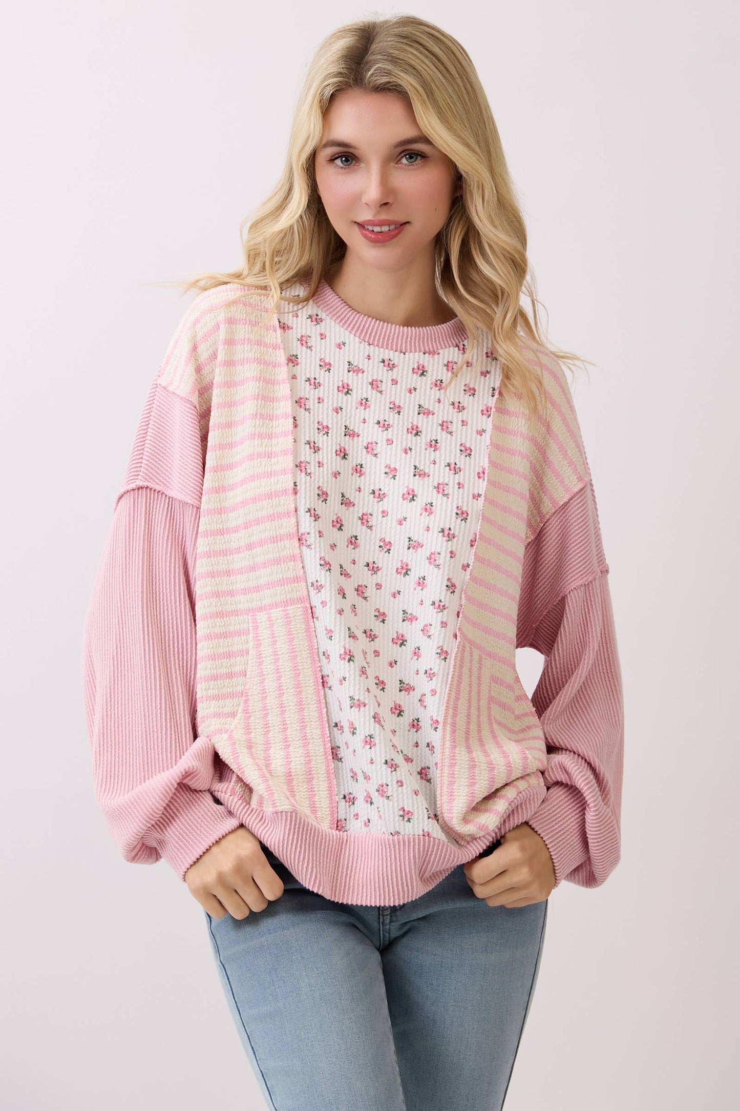 Fondant Pink Floral Rib Patchwork Pullover Top