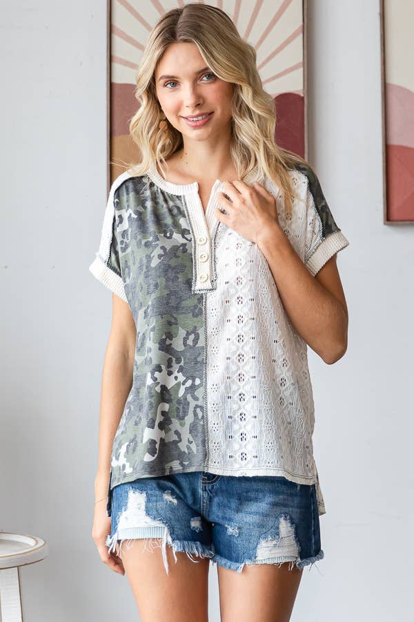 Camo Animal Lace Contrast Button Front Short Sleeve Top
