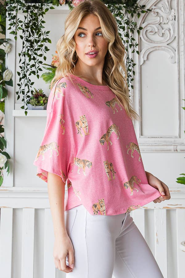 Tiger Print TriBlend Women's Knit Top: Vintage Fuchsia