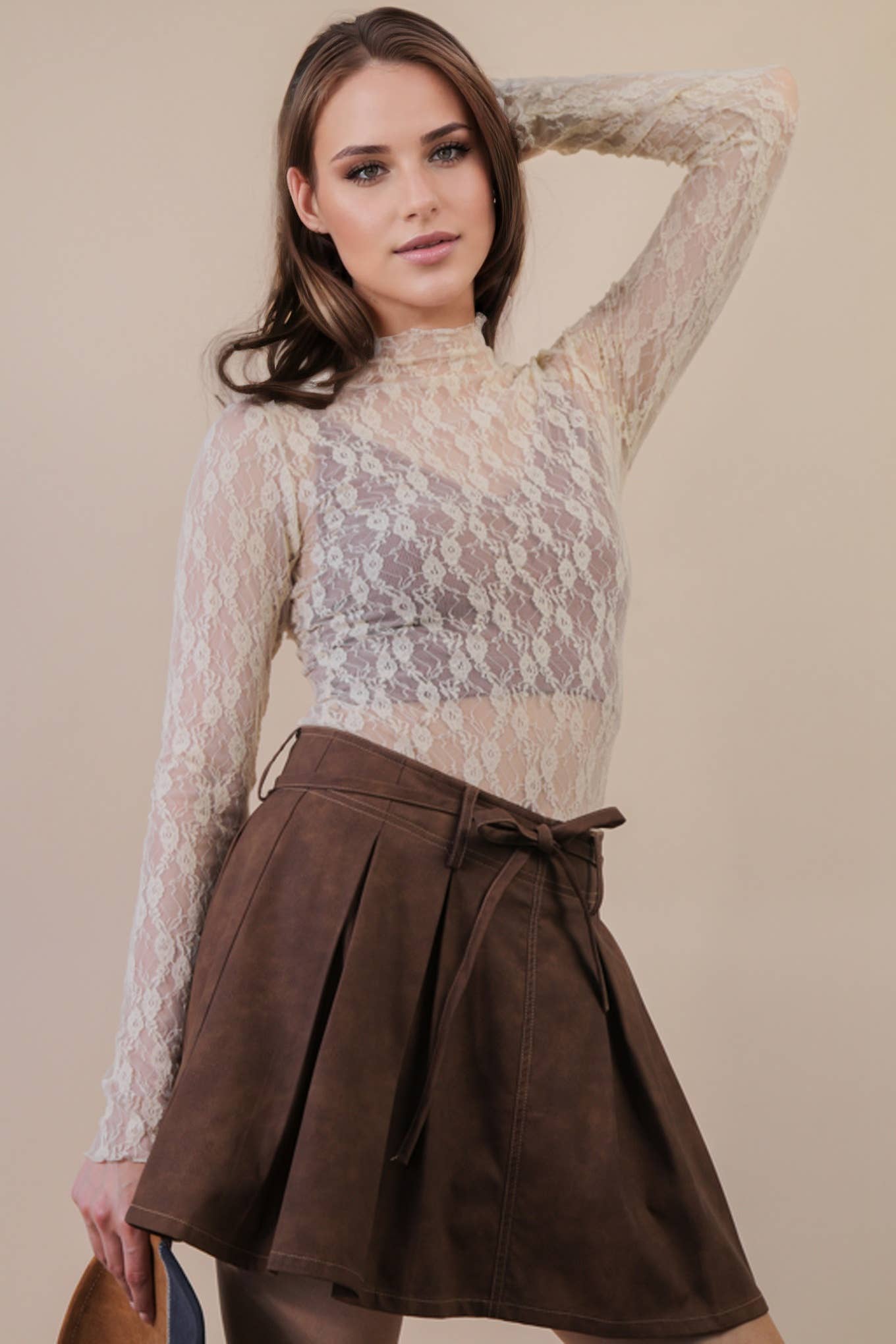 High Neck Fitted Sheer Mesh Lace Knit Top: CHAMPAGNE