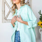 Mint Solid Frayed Hem Long Sleeve Button Down Shirt