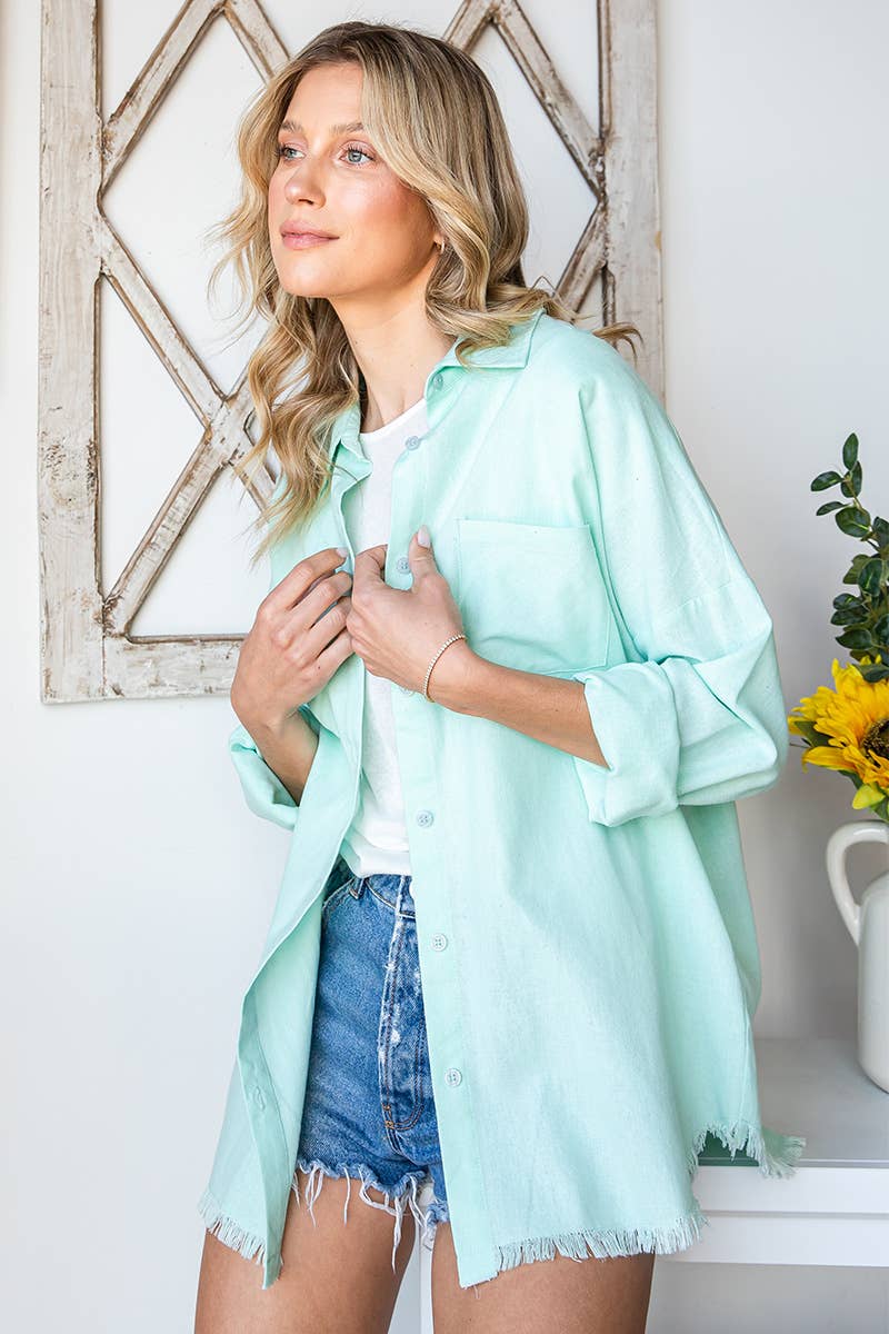 Mint Solid Frayed Hem Long Sleeve Button Down Shirt