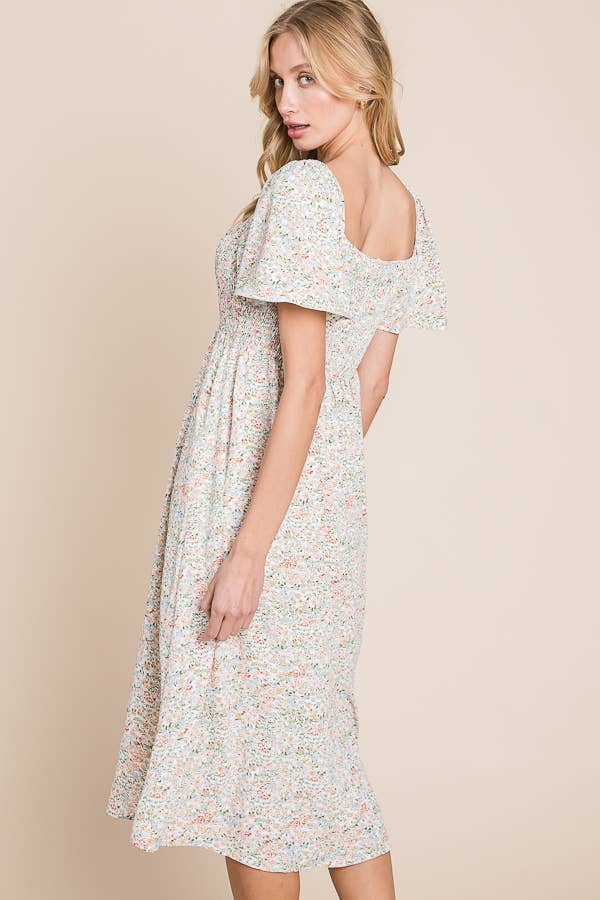 Floral Print Butterfly Sleeve Square Neck Smocked Midi Dress: CREAM