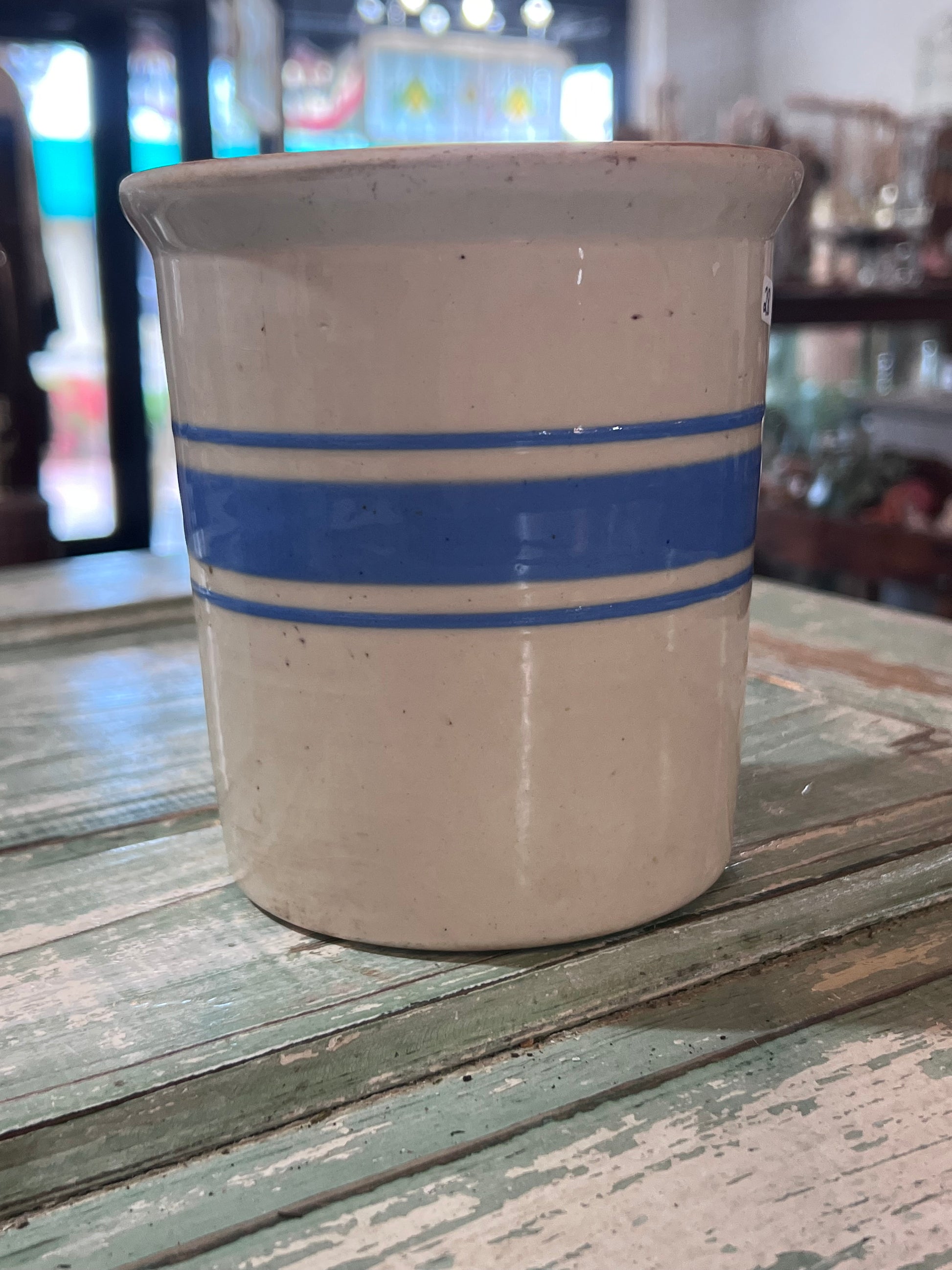 Vintage Glazed Grain Sack Light Blue Striped Butter Crock